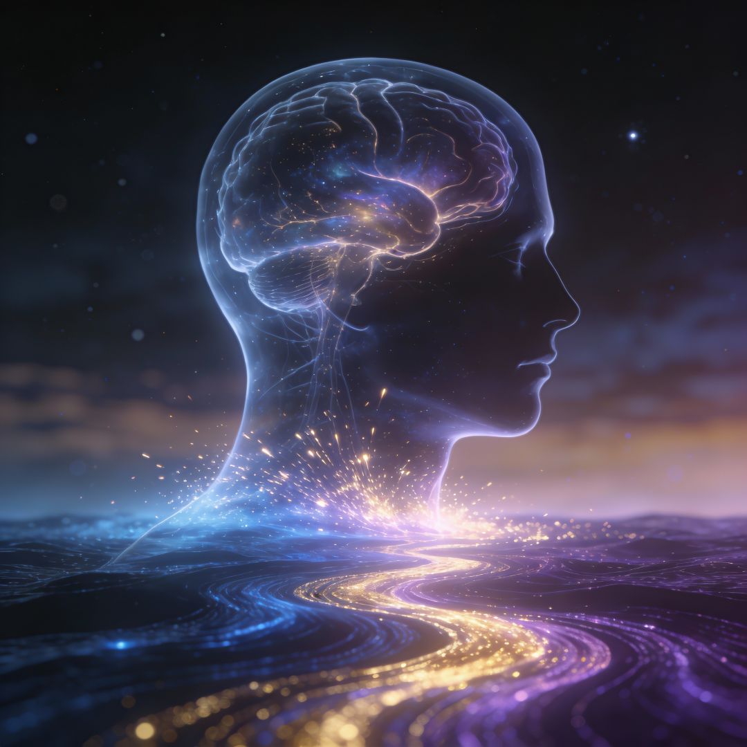 Ethereal silhouette of a human head with glowing brain waves